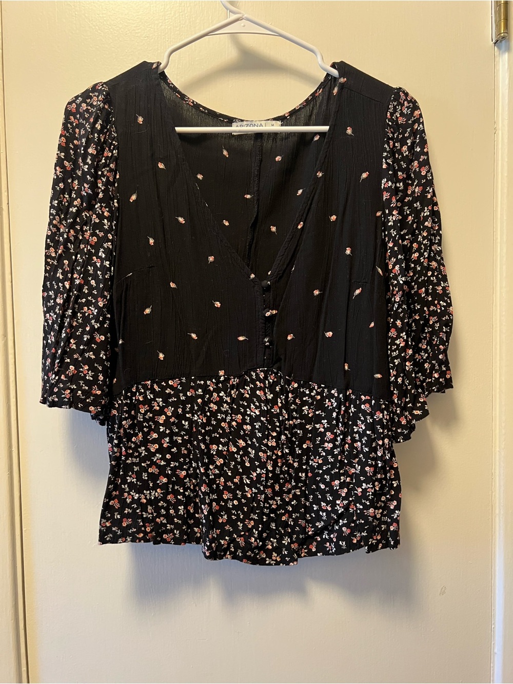 ArizonaWomen's Black Floral V-Neck Blouse - Small Pink Print